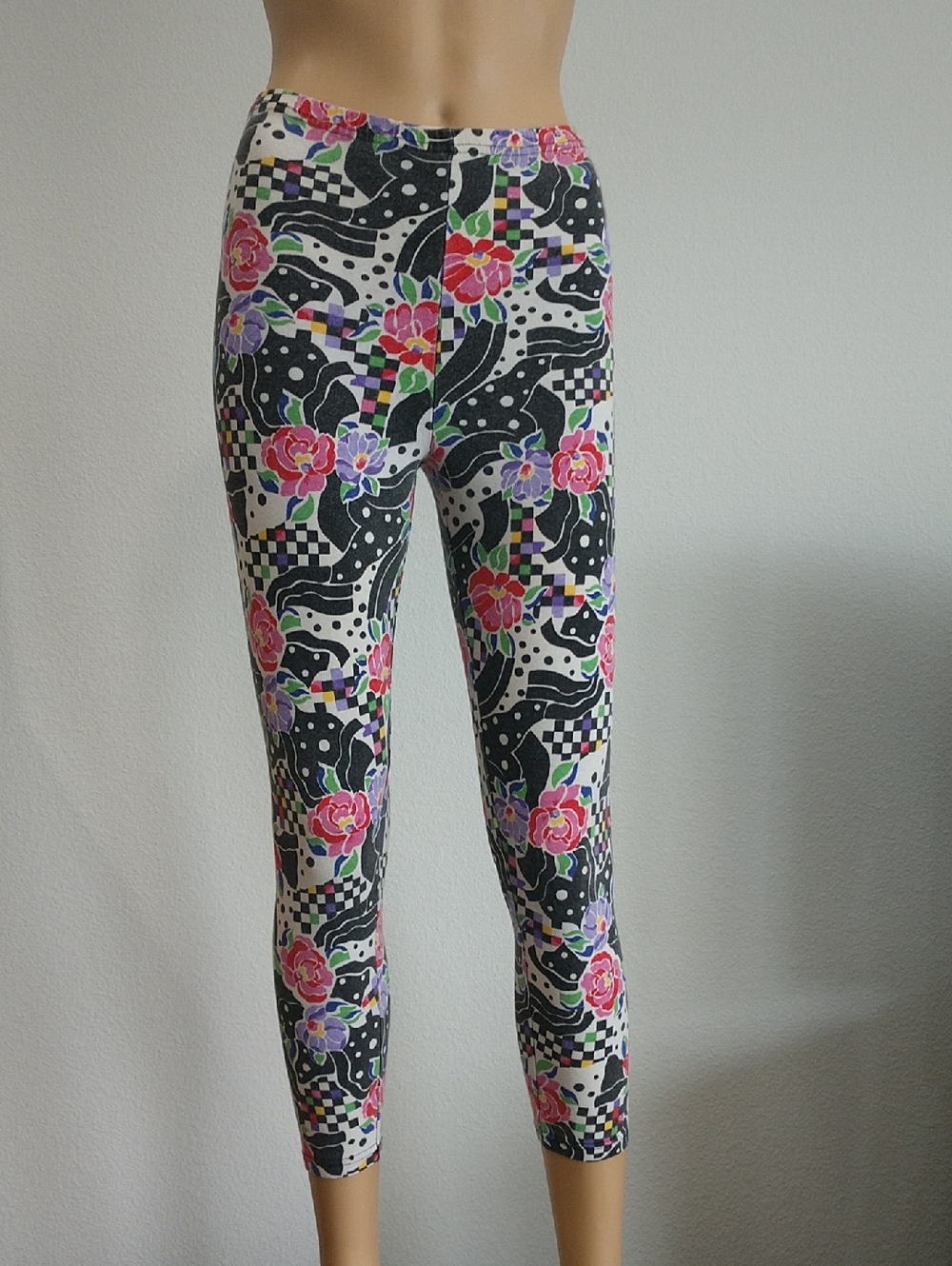 Floral Checkerboard Stretch Leggings - Black & Multicolor